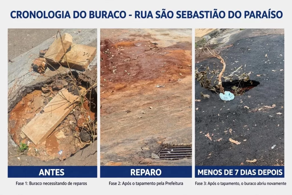 Buraco reaparece menos de dez dias após reparo em rua do Residencial Oliveira, em Alfenas