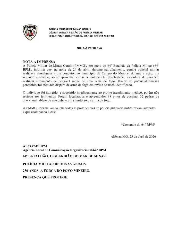 Polícia Militar mata entregador durante abordagem em Campo do Meio