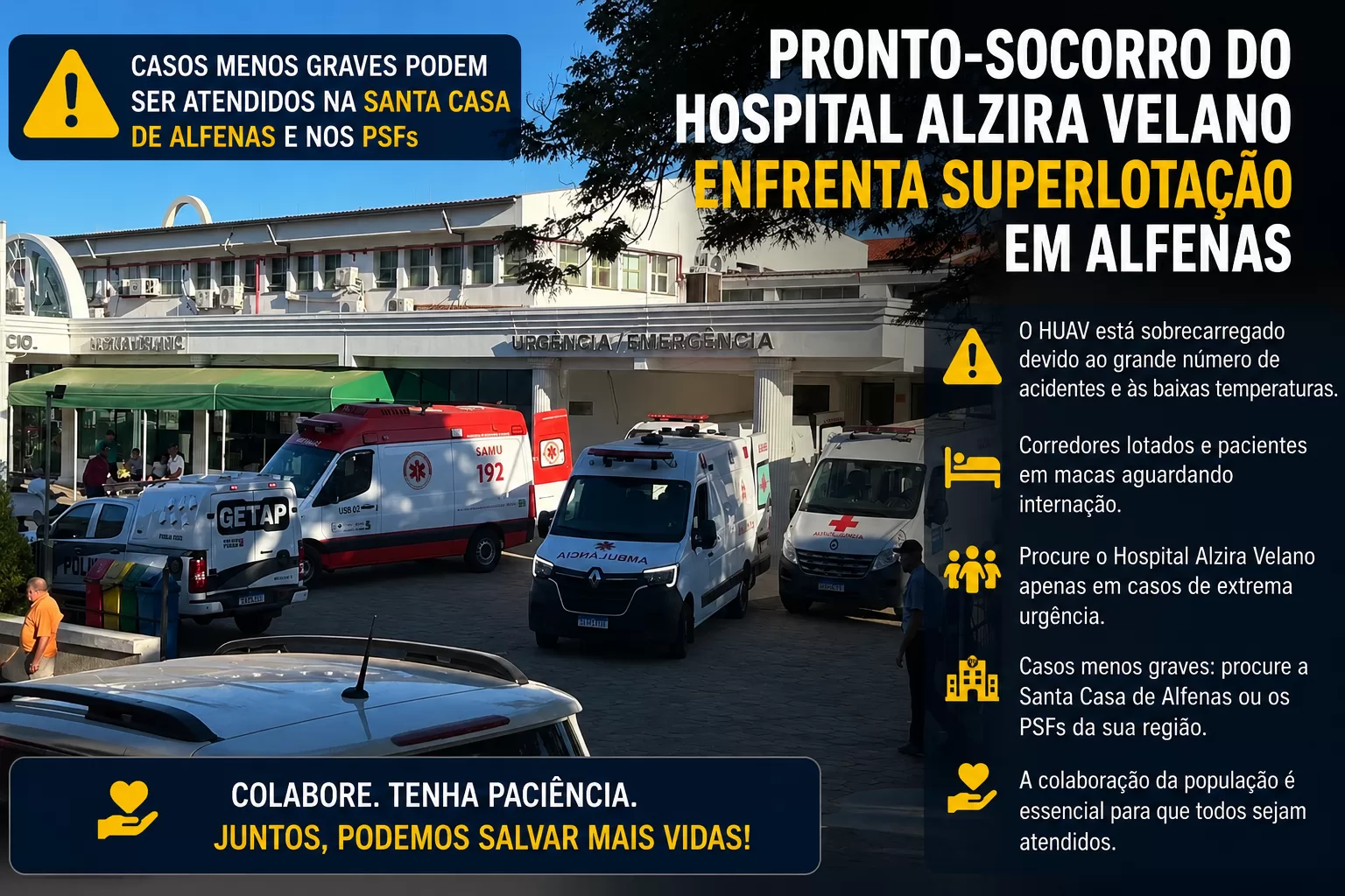 Pronto-Socorro do Hospital Alzira Velano enfrenta superlotação em Alfenas