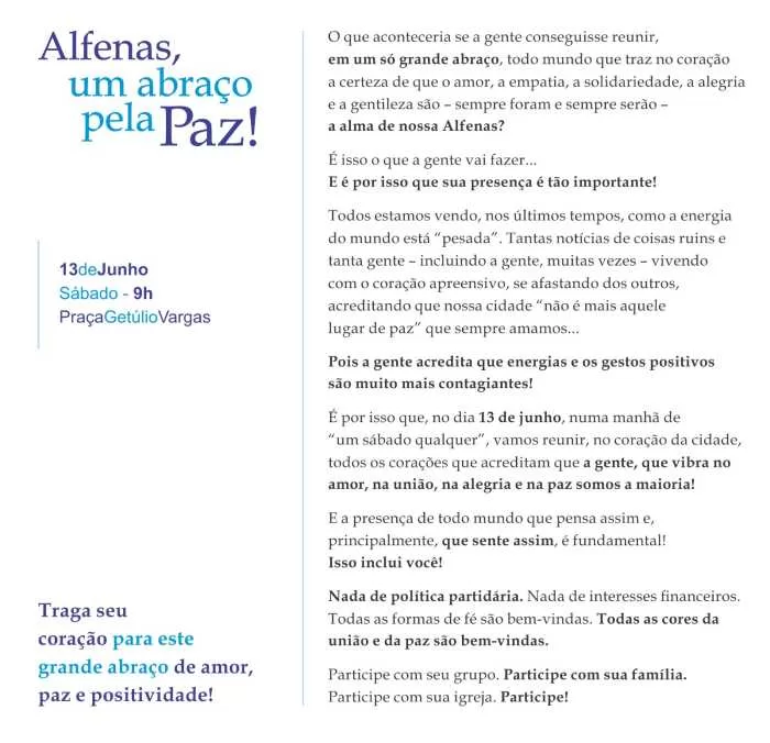 Alfenas promove evento comunitário para fortalecer a paz e a união
