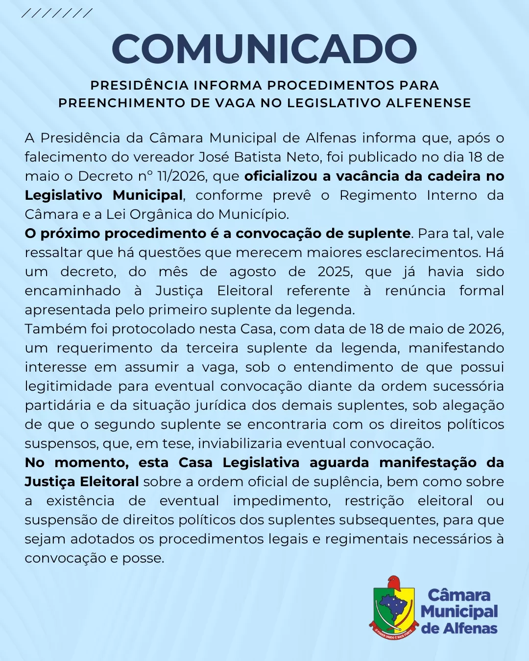 Câmara de Alfenas Busca Orientação da Justiça Eleitoral para Substituição de Vereador Falecido