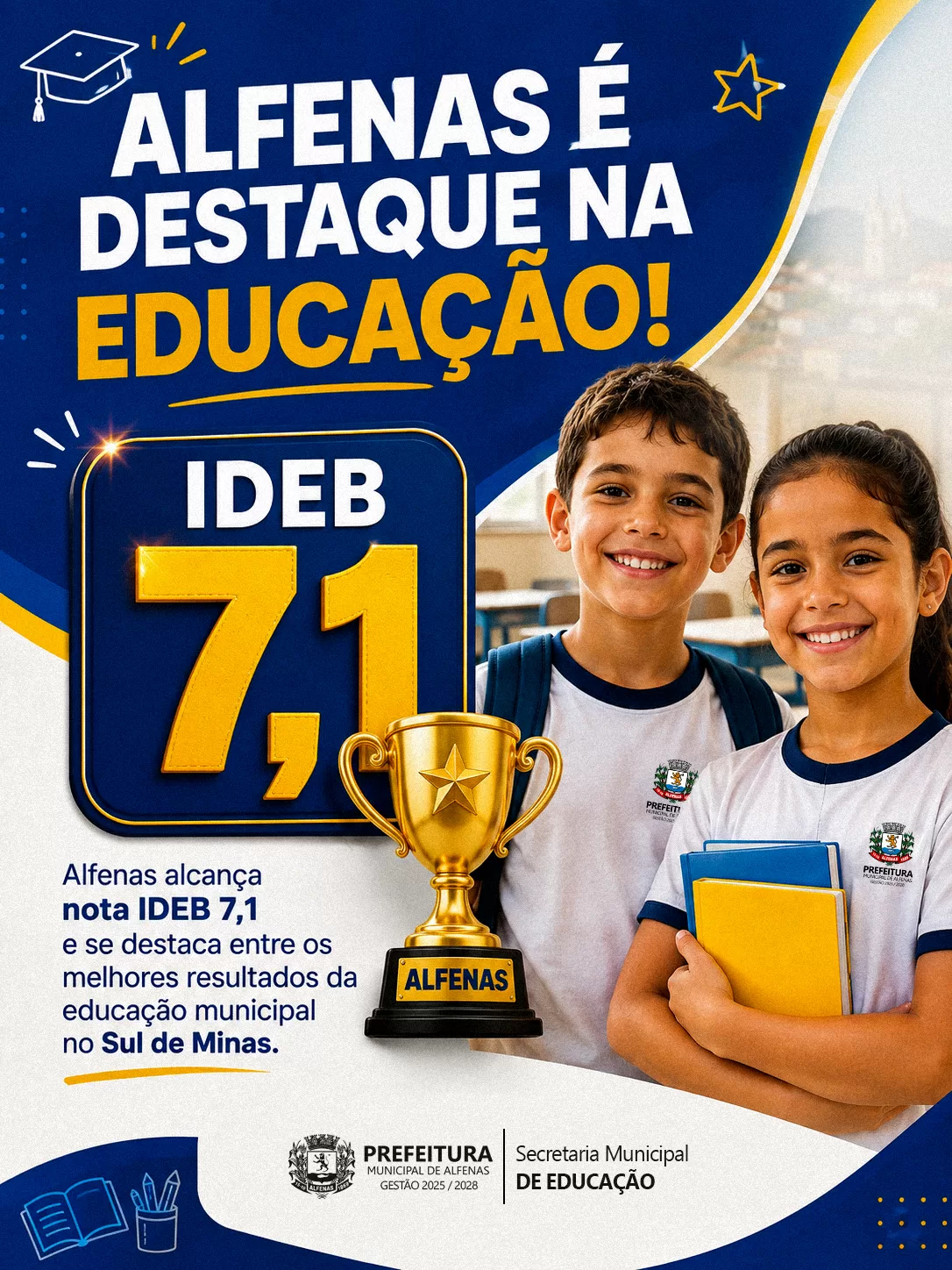 Alfenas alcança 7,1 no IDEB e supera médias de Minas Gerais e do Brasil