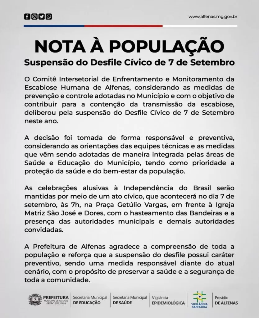 Alfenas cancela desfile de 7 de Setembro por causa de surto de escabiose
