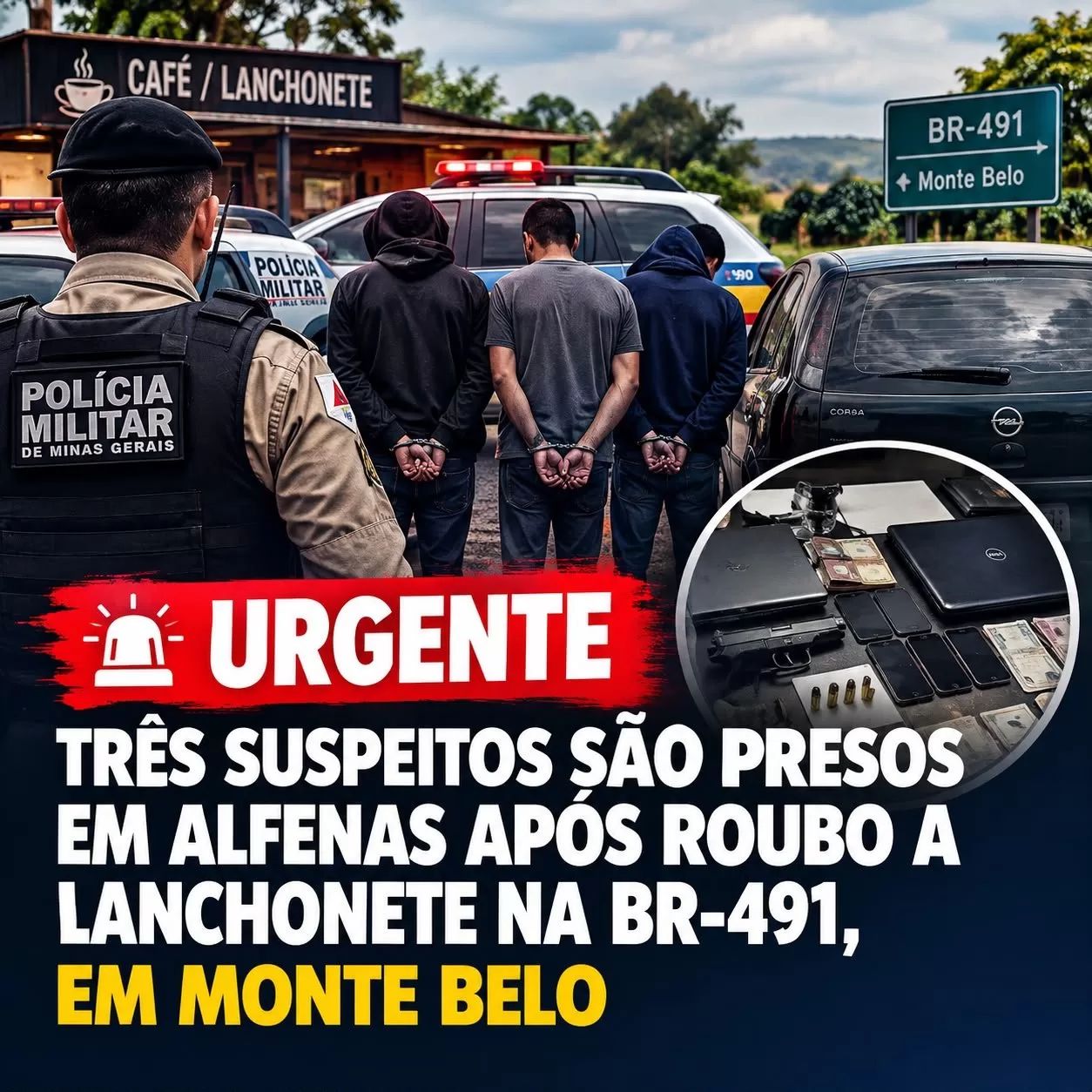 Três suspeitos são presos após roubo em Monte Belo e fuga pela MG-179